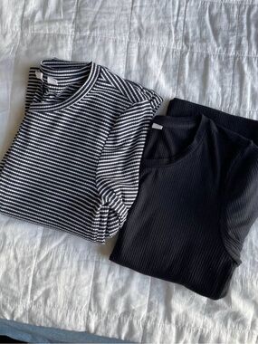 Striped Navy & White and Solid Black Ribbed Midi Dresses